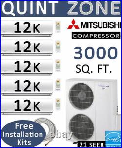 60000 BTU Quint Zone Ductless Mini Split Air Conditioner Heat Pump 12000 x 5
